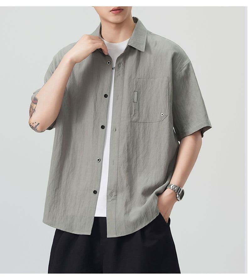 실사 여름 새로운 오래된 돈 바람 반팔 셔츠 남자 라이 경기 서울 아마 주간 실크 루즈핏 단색 미니멀리즘 셔츠 상세 이미지 28