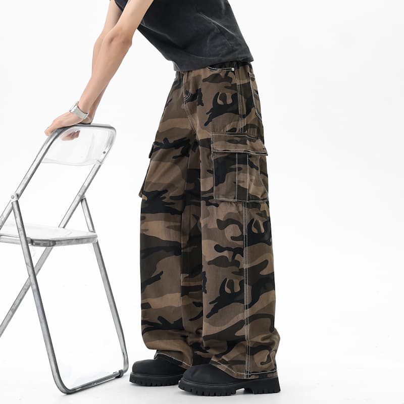 실사 아메리칸 레트로 워싱 기타 주머니 카모플라주 워크웨어 팬츠 스트레이트 루즈핏 cleanfit 캐주얼 와이드 레그 팬츠 어린이 이미지 3