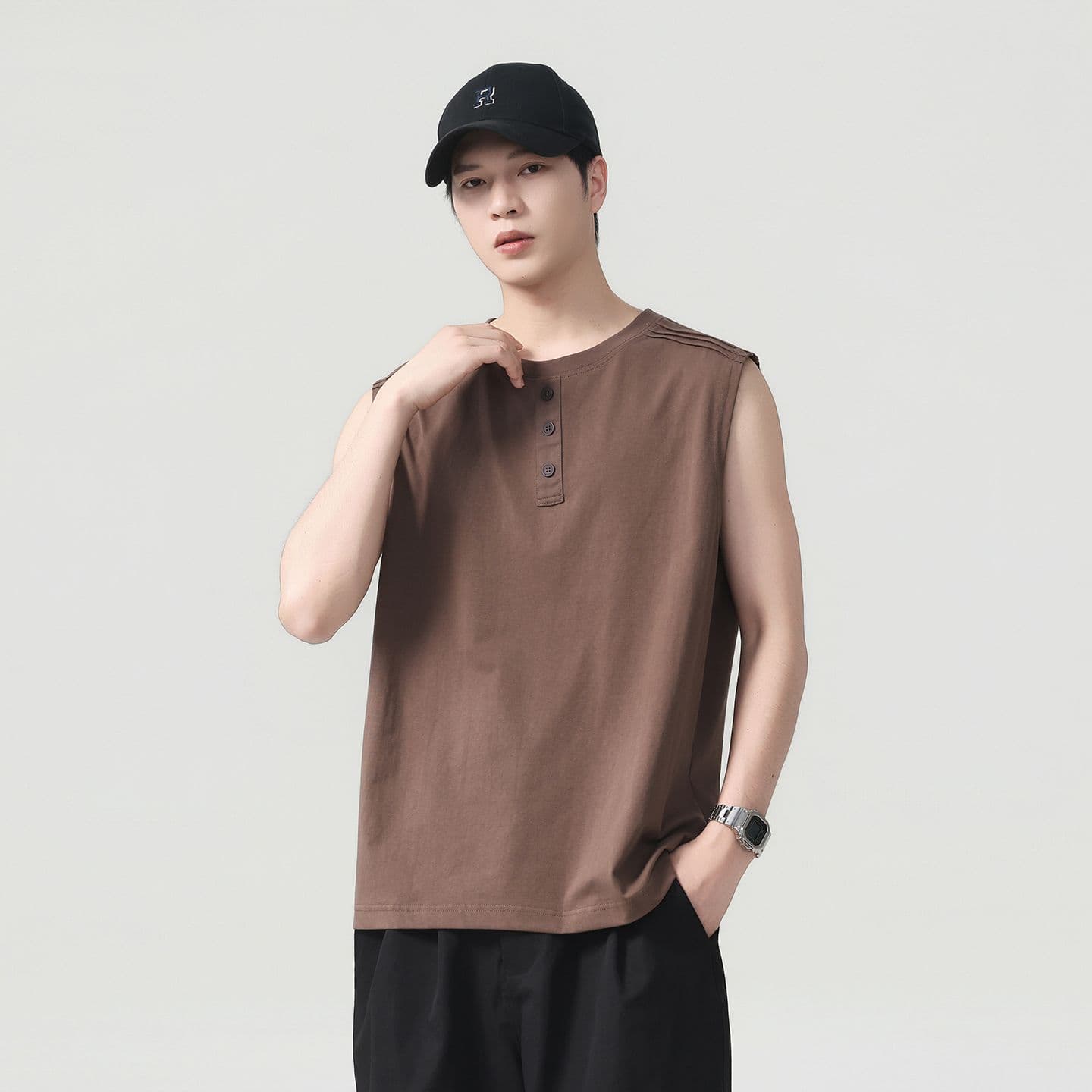 실사 2026 여름 새로운 차가운 센스 기술 면 조끼 남자 루즈핏 다용도 하프 단추 디자인 이미지 3