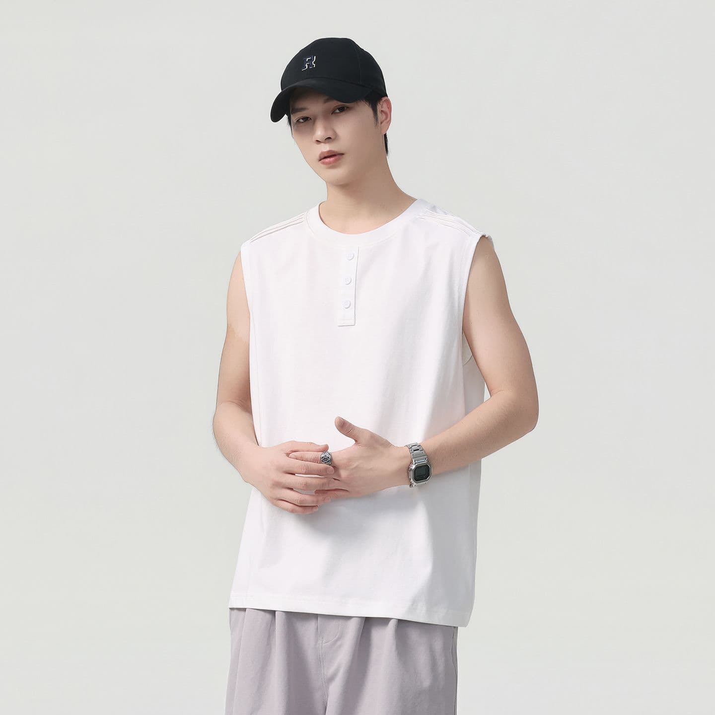 실사 2026 여름 새로운 차가운 센스 기술 면 조끼 남자 루즈핏 다용도 하프 단추 디자인 이미지 4