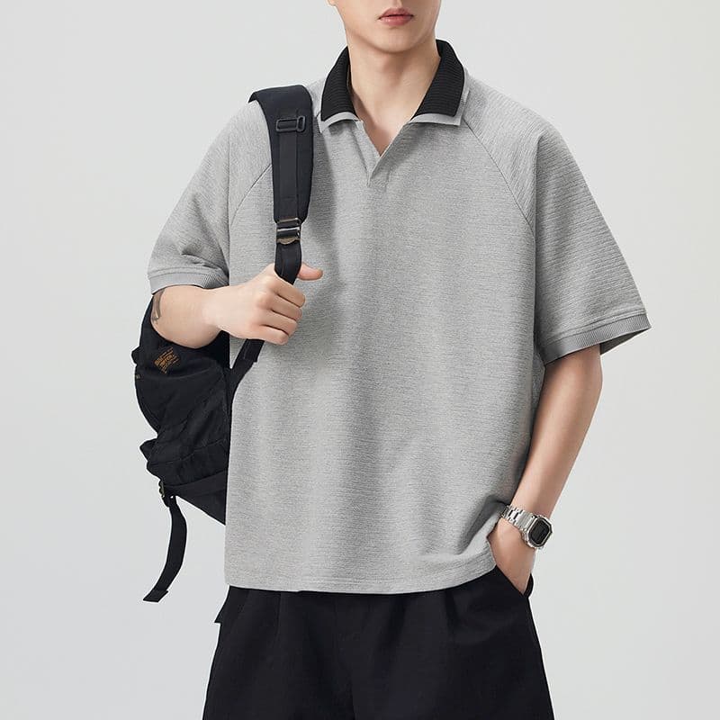 실사 여름 새로운 polo 반팔 티셔츠 율동 그리드 원단 210gv 칼라 트렌드 편안함 루즈핏 배색 패치워크