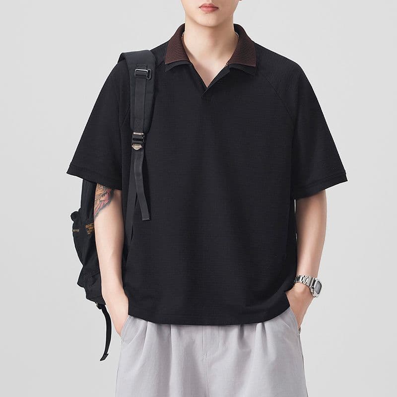 실사 여름 새로운 polo 반팔 티셔츠 율동 그리드 원단 210gv 칼라 트렌드 편안함 루즈핏 배색 패치워크 이미지 2