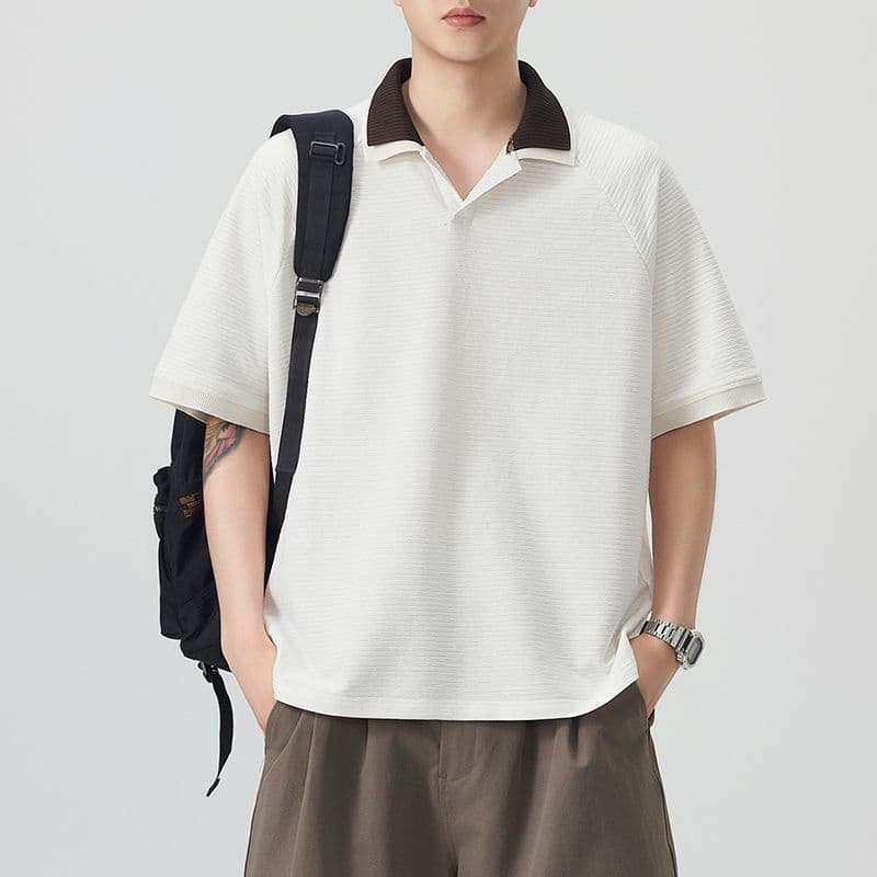 실사 여름 새로운 polo 반팔 티셔츠 율동 그리드 원단 210gv 칼라 트렌드 편안함 루즈핏 배색 패치워크 이미지 3