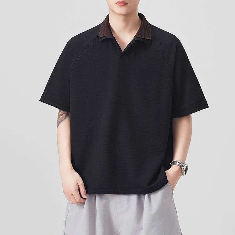 실사 여름 새로운 polo 반팔 티셔츠 율동 그리드 원단 210gv 칼라 트렌드 편안함 루즈핏 배색 패치워크 이미지 4