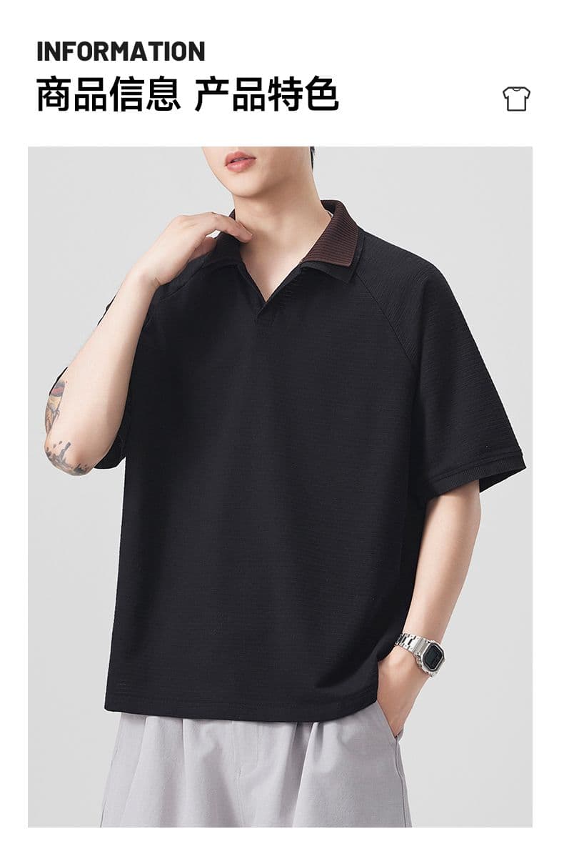 실사 여름 새로운 polo 반팔 티셔츠 율동 그리드 원단 210gv 칼라 트렌드 편안함 루즈핏 배색 패치워크 상세 이미지 11
