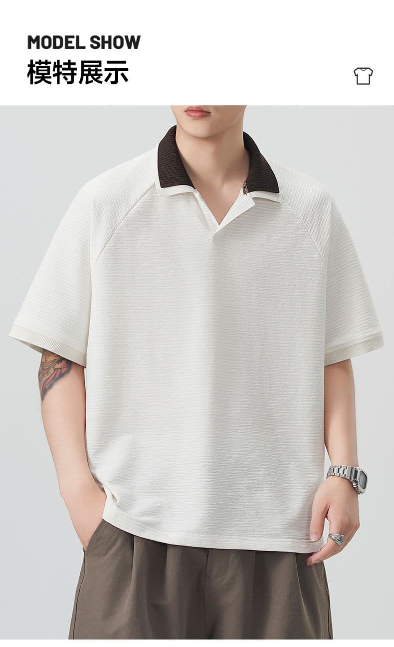 실사 여름 새로운 polo 반팔 티셔츠 율동 그리드 원단 210gv 칼라 트렌드 편안함 루즈핏 배색 패치워크 상세 이미지 15