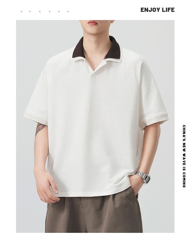 실사 여름 새로운 polo 반팔 티셔츠 율동 그리드 원단 210gv 칼라 트렌드 편안함 루즈핏 배색 패치워크 상세 이미지 16