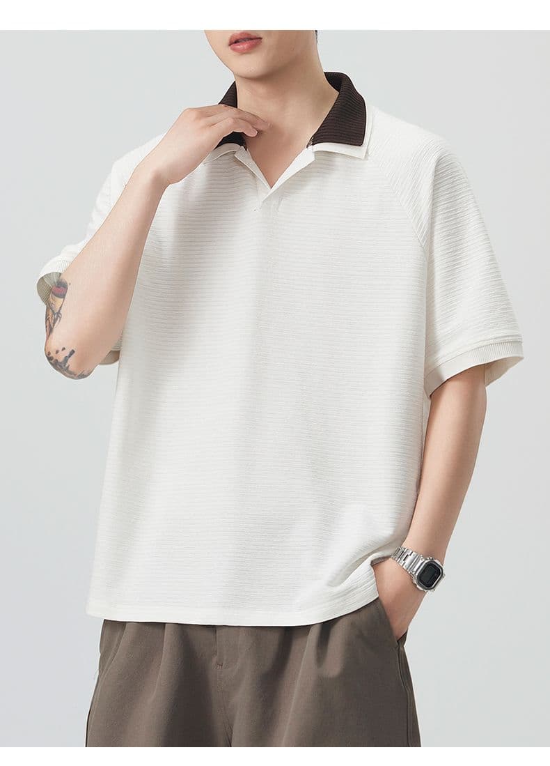 실사 여름 새로운 polo 반팔 티셔츠 율동 그리드 원단 210gv 칼라 트렌드 편안함 루즈핏 배색 패치워크 상세 이미지 17