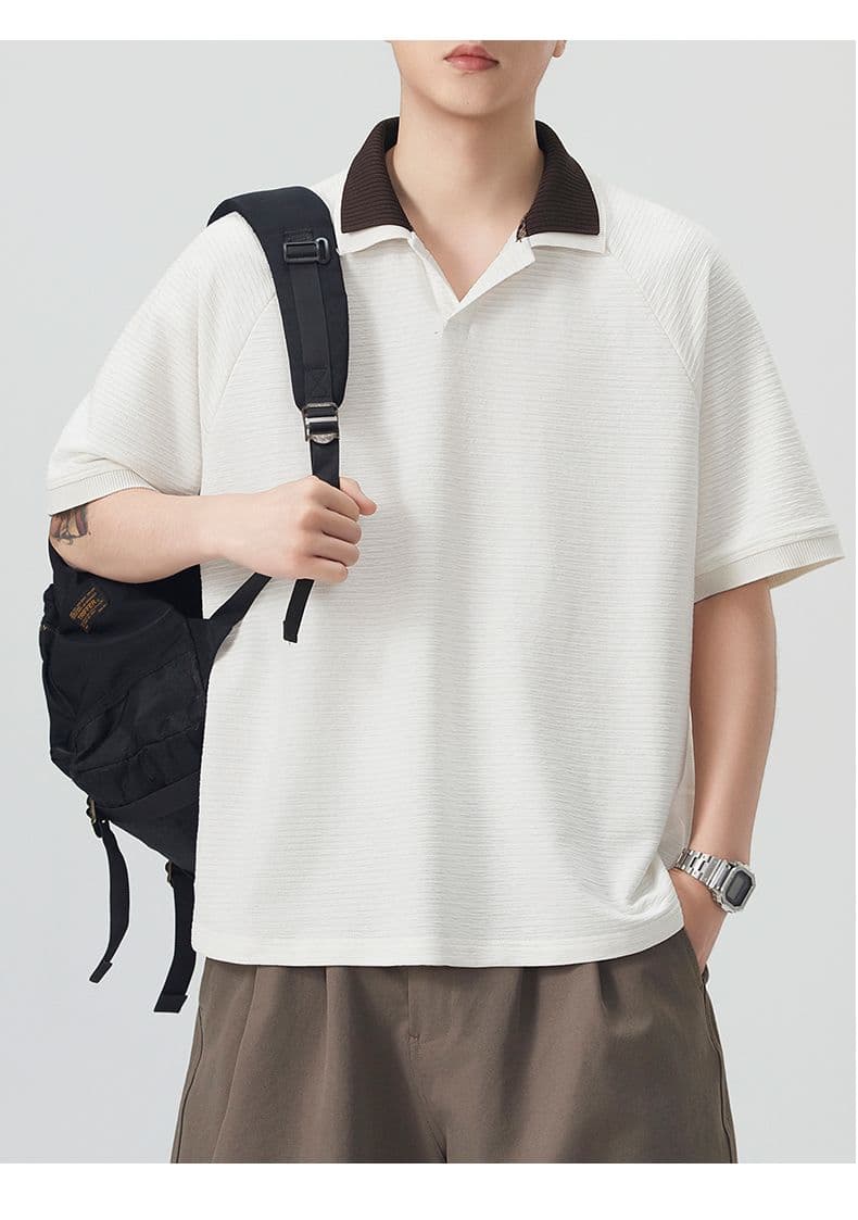 실사 여름 새로운 polo 반팔 티셔츠 율동 그리드 원단 210gv 칼라 트렌드 편안함 루즈핏 배색 패치워크 상세 이미지 18