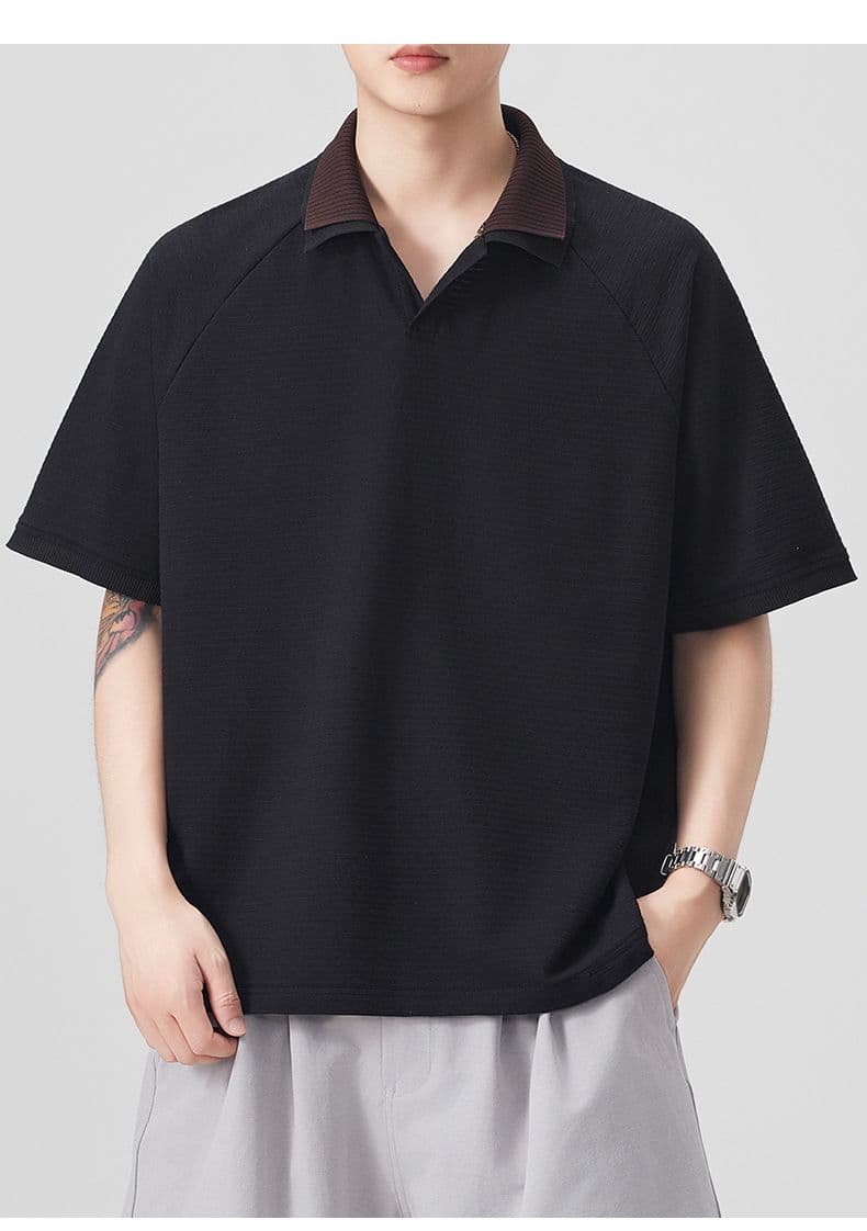 실사 여름 새로운 polo 반팔 티셔츠 율동 그리드 원단 210gv 칼라 트렌드 편안함 루즈핏 배색 패치워크 상세 이미지 19