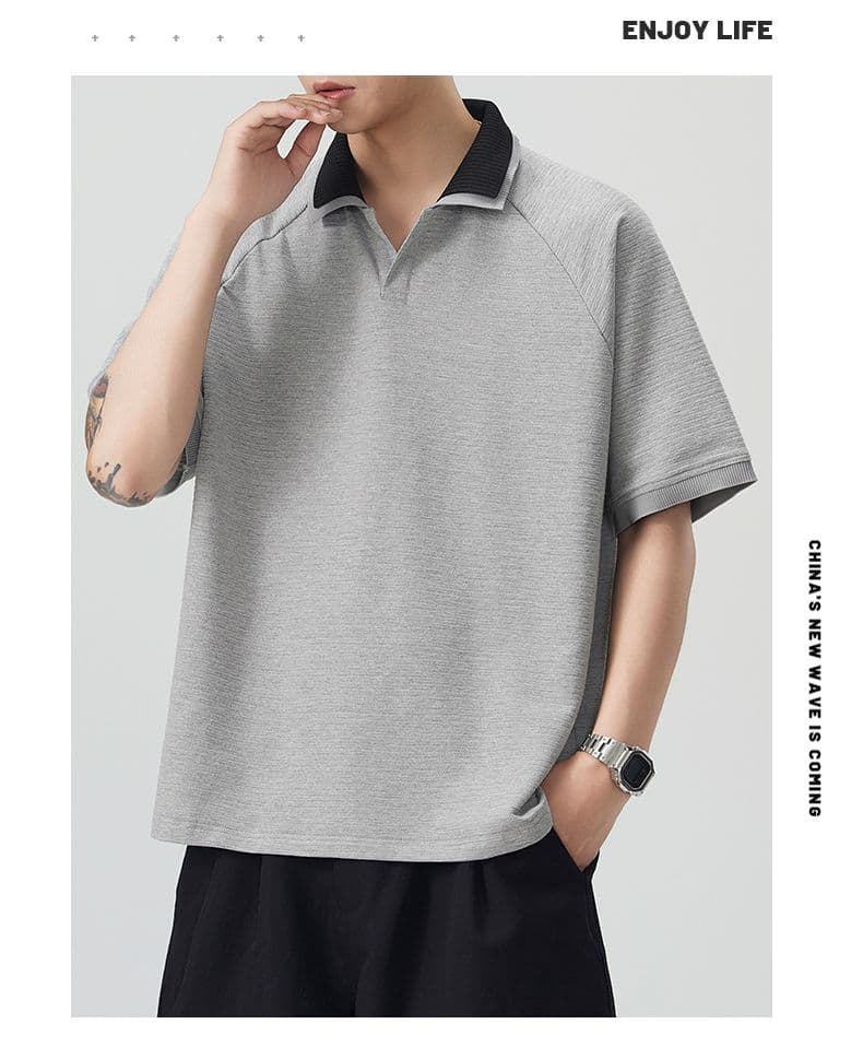 실사 여름 새로운 polo 반팔 티셔츠 율동 그리드 원단 210gv 칼라 트렌드 편안함 루즈핏 배색 패치워크 상세 이미지 24