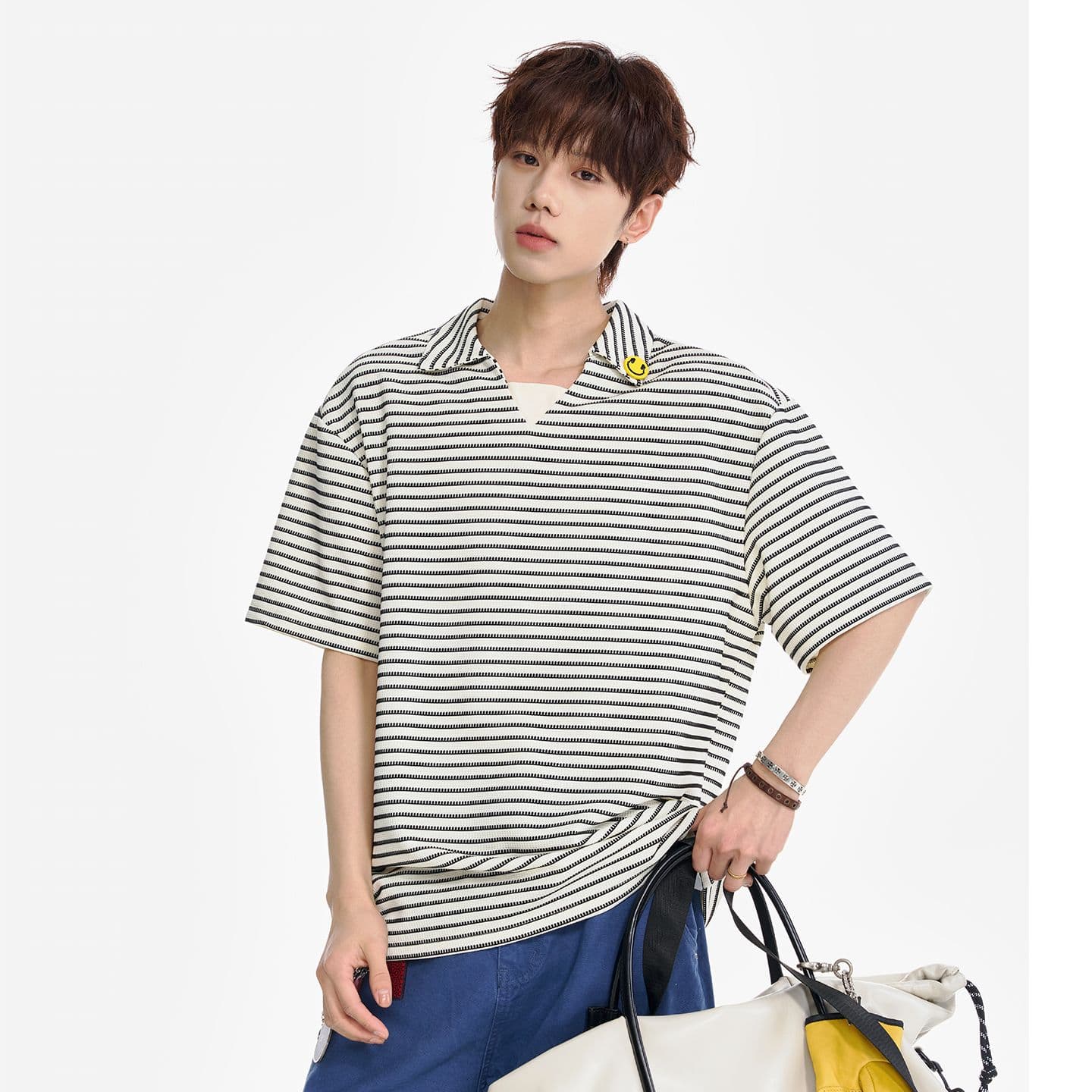 실사 여름 새로운 페이크 레이어드 캐주얼 스트라이프 POLO 셔츠 남자 루즈핏 미니멀리즘 패션 작은 장식 반팔 티셔츠 이미지 2