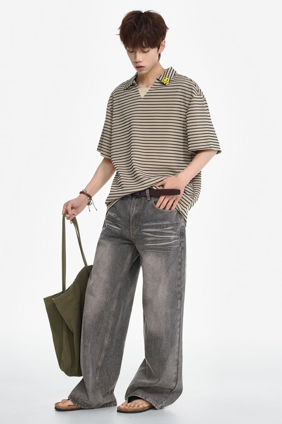 실사 여름 새로운 페이크 레이어드 캐주얼 스트라이프 POLO 셔츠 남자 루즈핏 미니멀리즘 패션 작은 장식 반팔 티셔츠 이미지 6