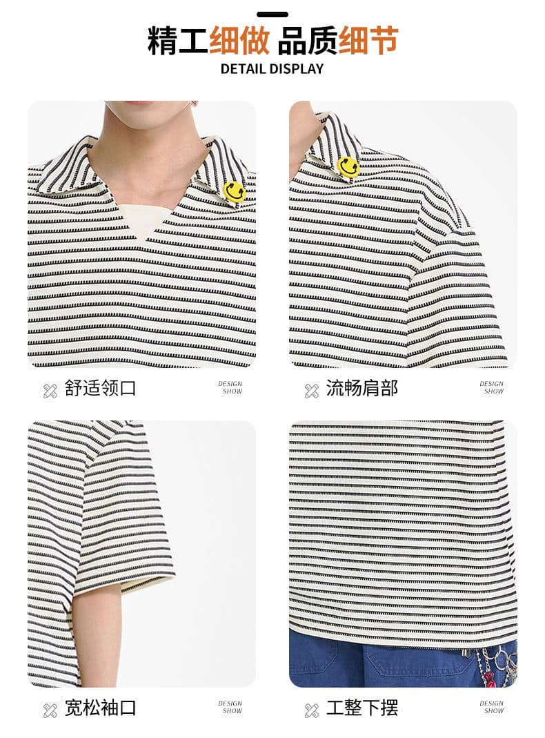 실사 여름 새로운 페이크 레이어드 캐주얼 스트라이프 POLO 셔츠 남자 루즈핏 미니멀리즘 패션 작은 장식 반팔 티셔츠 상세 이미지 5