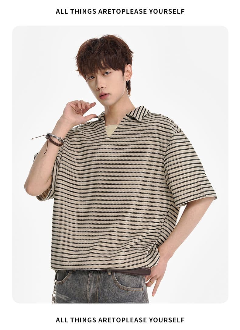 실사 여름 새로운 페이크 레이어드 캐주얼 스트라이프 POLO 셔츠 남자 루즈핏 미니멀리즘 패션 작은 장식 반팔 티셔츠 상세 이미지 11