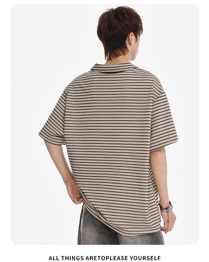 실사 여름 새로운 페이크 레이어드 캐주얼 스트라이프 POLO 셔츠 남자 루즈핏 미니멀리즘 패션 작은 장식 반팔 티셔츠 상세 이미지 13