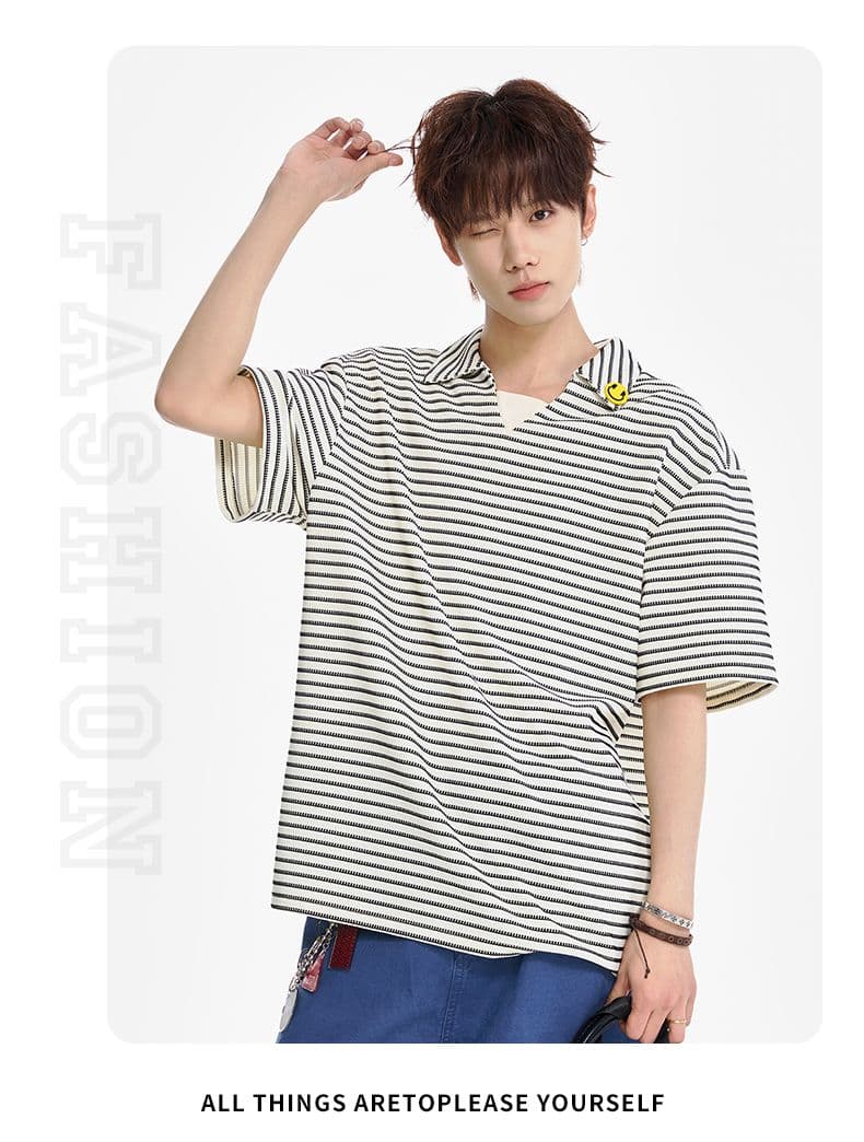 실사 여름 새로운 페이크 레이어드 캐주얼 스트라이프 POLO 셔츠 남자 루즈핏 미니멀리즘 패션 작은 장식 반팔 티셔츠 상세 이미지 14