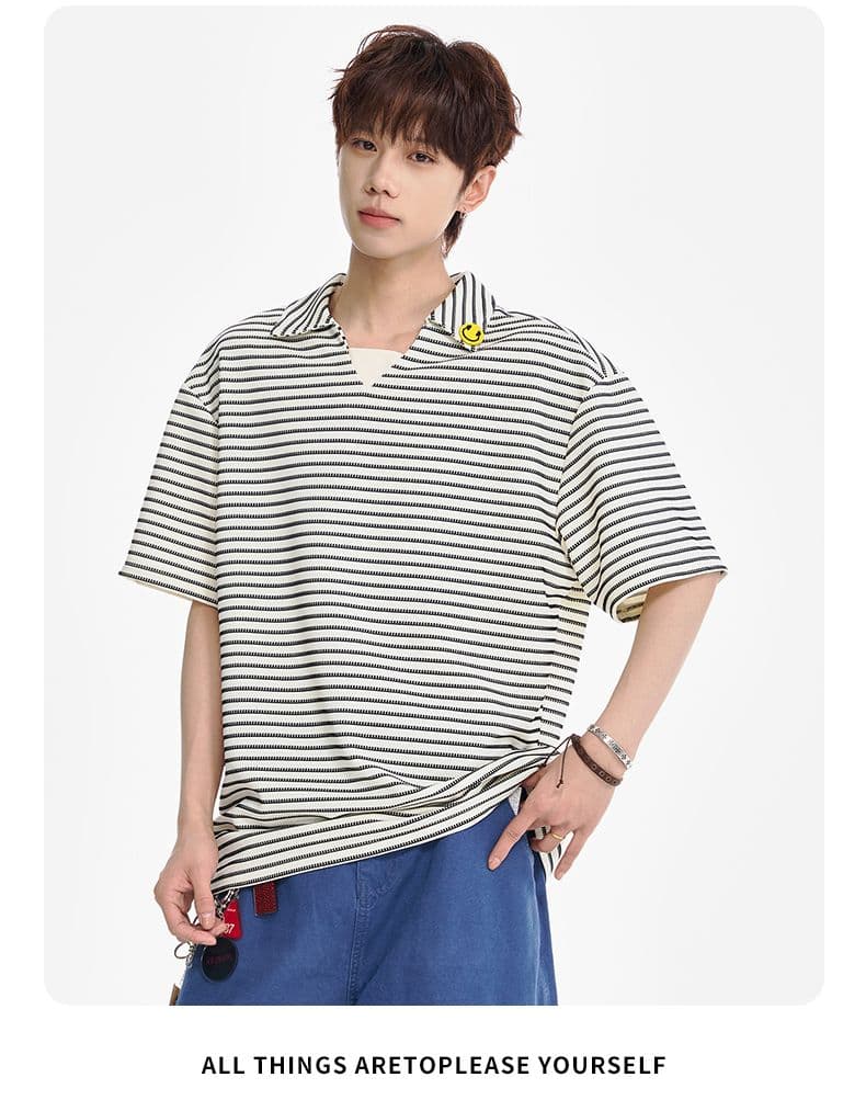 실사 여름 새로운 페이크 레이어드 캐주얼 스트라이프 POLO 셔츠 남자 루즈핏 미니멀리즘 패션 작은 장식 반팔 티셔츠 상세 이미지 15