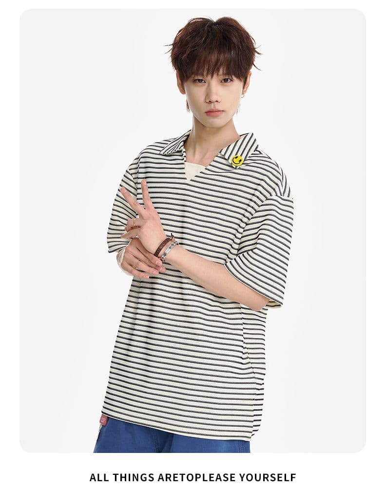 실사 여름 새로운 페이크 레이어드 캐주얼 스트라이프 POLO 셔츠 남자 루즈핏 미니멀리즘 패션 작은 장식 반팔 티셔츠 상세 이미지 16
