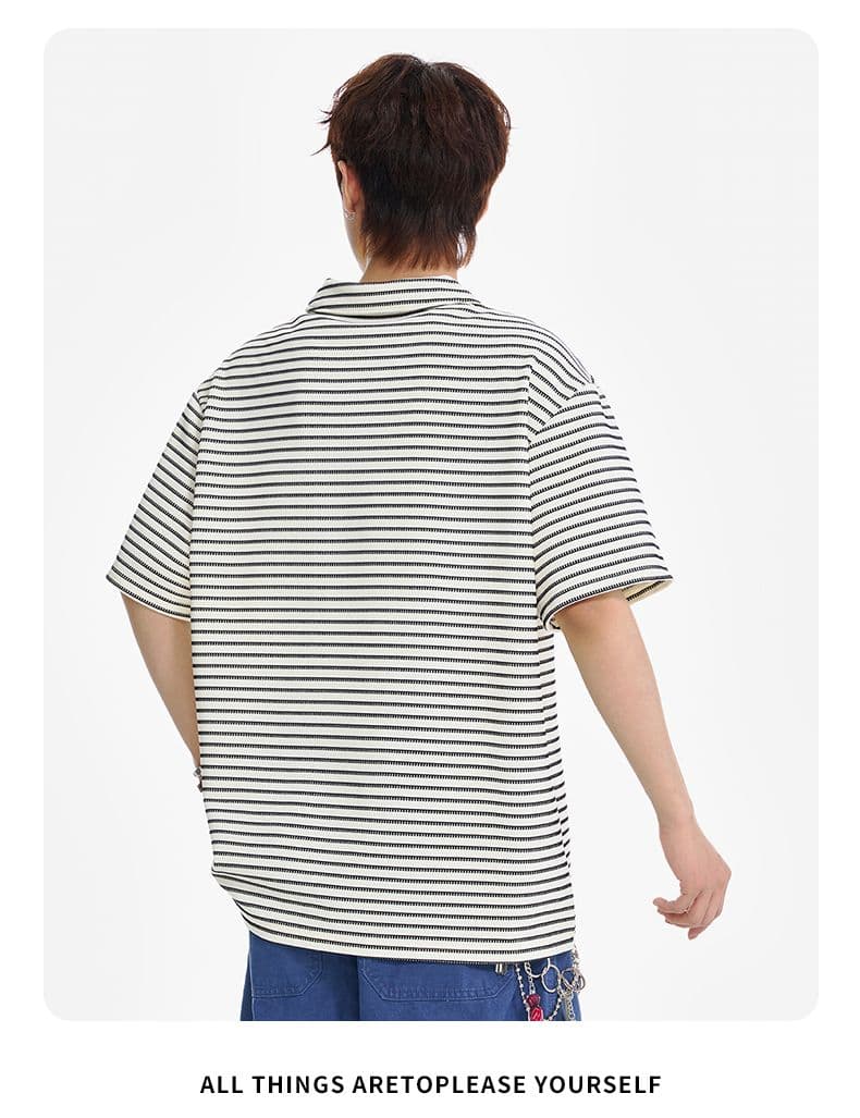 실사 여름 새로운 페이크 레이어드 캐주얼 스트라이프 POLO 셔츠 남자 루즈핏 미니멀리즘 패션 작은 장식 반팔 티셔츠 상세 이미지 17