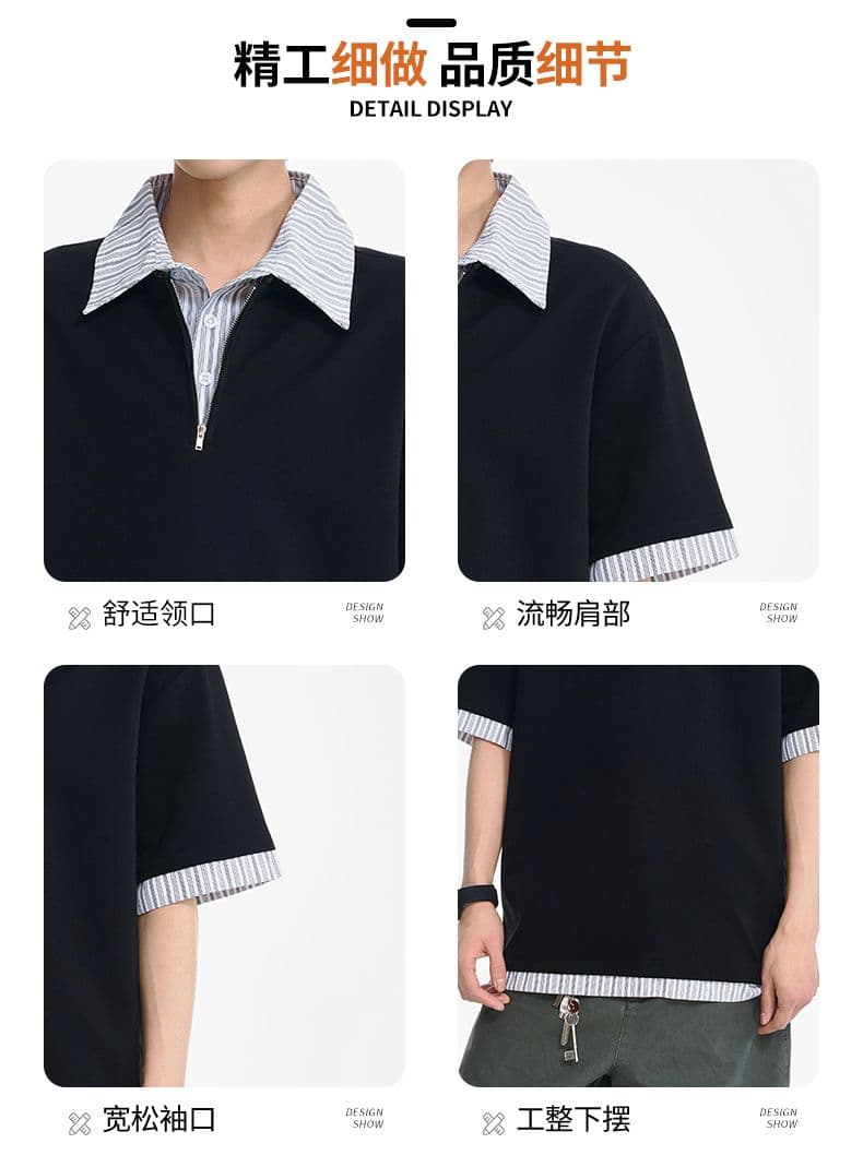 실사 여름 새로운 폴로 칼라 페이크 레이어드 하프 지퍼 풀오버 반팔 POLO 셔츠 남자 트렌드 다용도 미니멀리즘 티셔츠 상세 이미지 5
