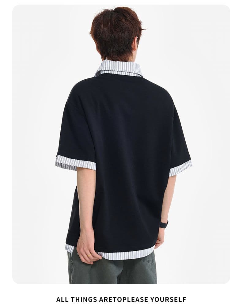 실사 여름 새로운 폴로 칼라 페이크 레이어드 하프 지퍼 풀오버 반팔 POLO 셔츠 남자 트렌드 다용도 미니멀리즘 티셔츠 상세 이미지 13