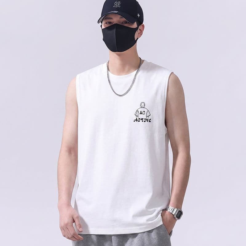 실사 2026 여름 새로운 순면 트렌드 프린트 민소매 티셔츠 조끼 남자 루즈핏 다용도 편안함 통기성 이미지 2