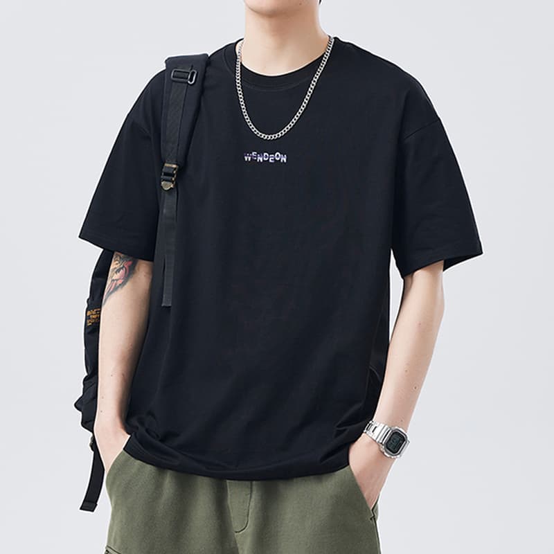 실사 여름 새로운 얼음 센스 케이블 루오 Na 일본식 라운드 넥 반팔 티셔츠 남자 루즈핏 다용도 미니멀리즘 순면 맨위 이미지 2