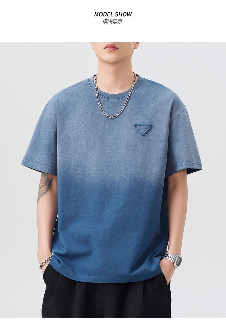 실사 여름 아메리칸 무거운 300 그램 조수 브랜드 그라데이션 워싱 순면 소매 티셔츠 남자 국가 트렌디 일본식 캐주얼 반팔 상세 이미지 6