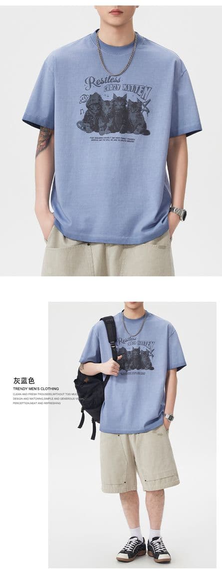실사 여름 조수 브랜드 재미있는 프린트 마 오래된 무거운 워싱 반팔 티셔츠 남자 루즈핏 다용도 라운드 넥 맨위 상세 이미지 8