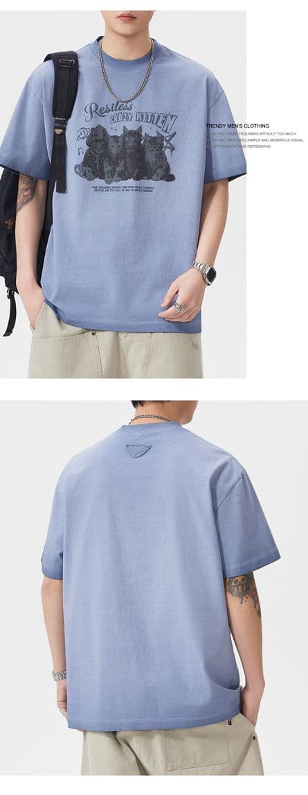실사 여름 조수 브랜드 재미있는 프린트 마 오래된 무거운 워싱 반팔 티셔츠 남자 루즈핏 다용도 라운드 넥 맨위 상세 이미지 9