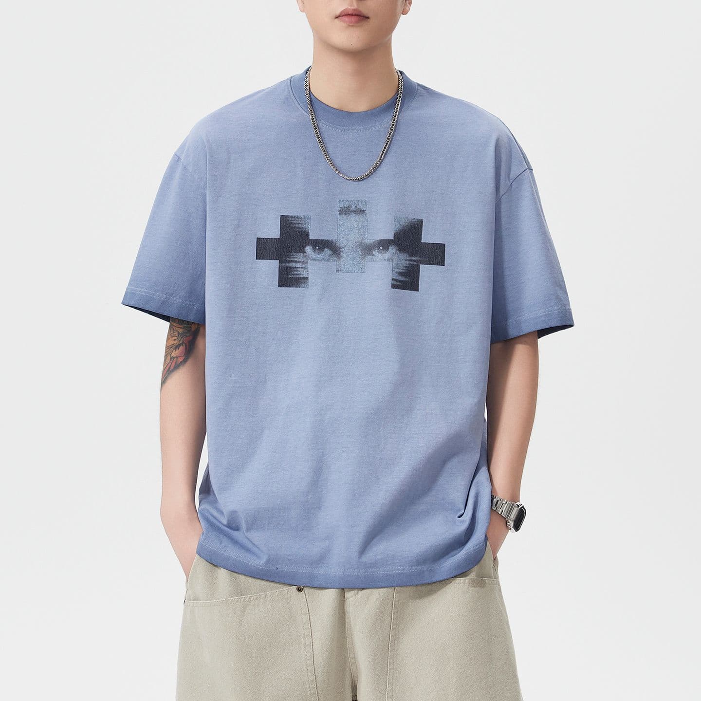 실사 여름 아메리칸 조수 브랜드 레트로 마 오래된 무거운 워싱 면 100% 반팔 티셔츠 남자 루즈핏 다용도 맨위 이미지 3