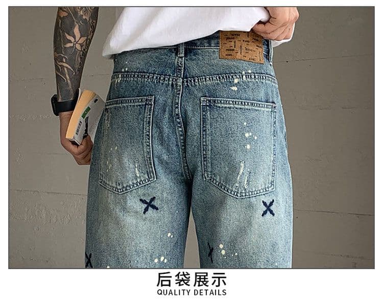 실사 아메리칸 거리 악당 잘 생긴 스크래치 썩은 먹물 십자가 자수 청바지 남자 트렌드 캐주얼 오부 바지 상세 이미지 13