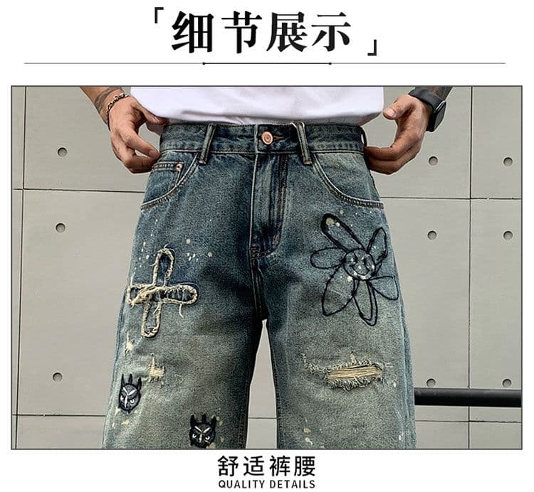 실사 여름 새로운 자수 먹물 레트로 데님 반바지 남자 트렌드 악당 잘 생긴 개성 스트레이트 오부 바지 상세 이미지 12