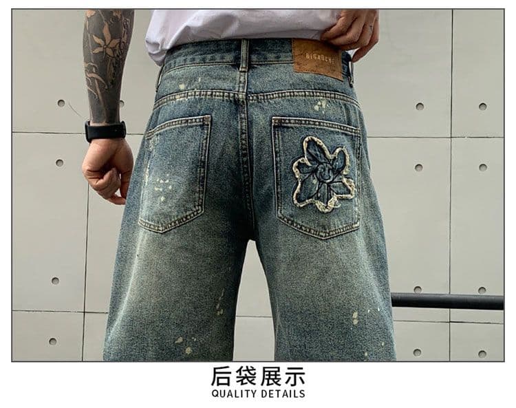 실사 여름 새로운 자수 먹물 레트로 데님 반바지 남자 트렌드 악당 잘 생긴 개성 스트레이트 오부 바지 상세 이미지 13