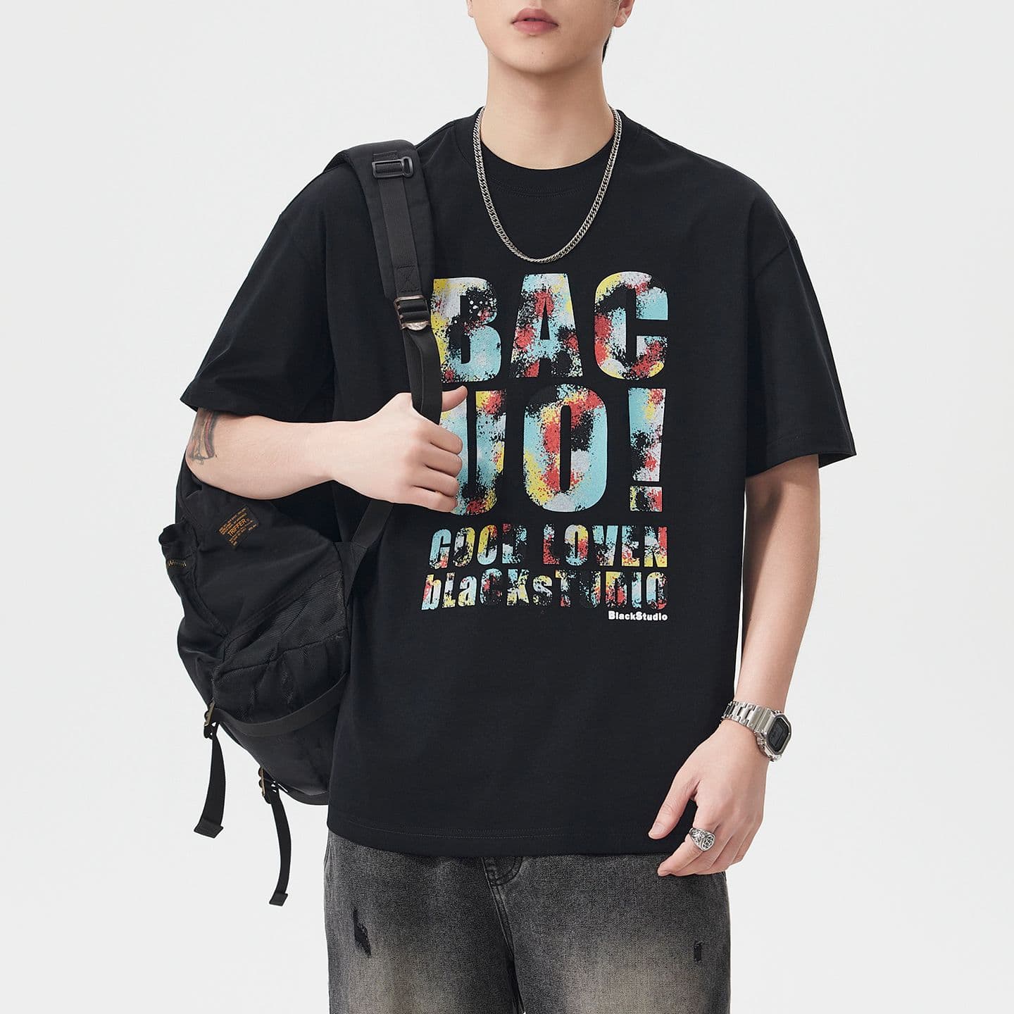 실사 여름 새로운 아메리칸 조수 브랜드 프린트 무거운 면 100% 반팔 티셔츠 남자 루즈핏 다용도 풀오버 맨위 이미지 3