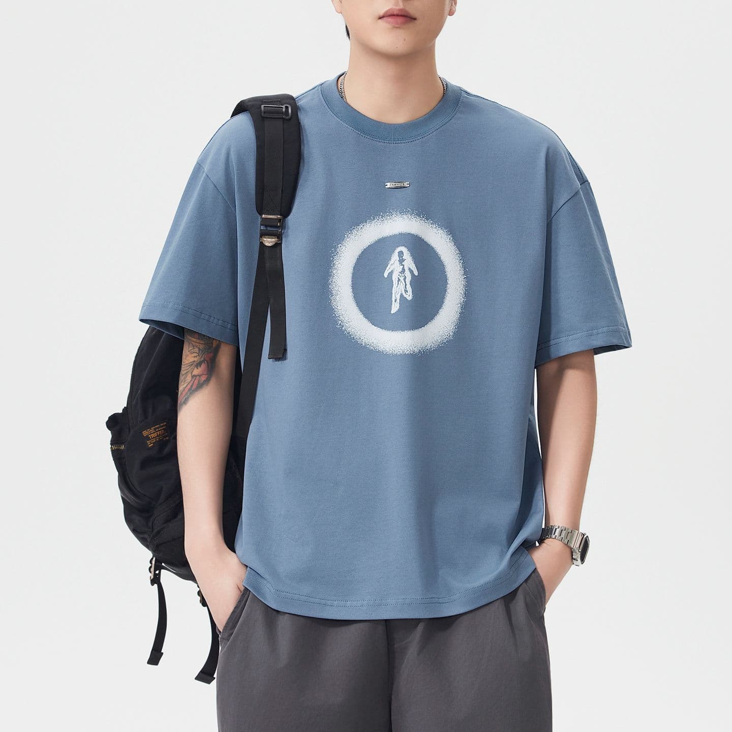 실사 여름 조수 브랜드 일본식 무거운 순면 반팔 티셔츠 남자 루즈핏 라운드 넥 캐주얼 반소매 미니멀리즘 맨위
