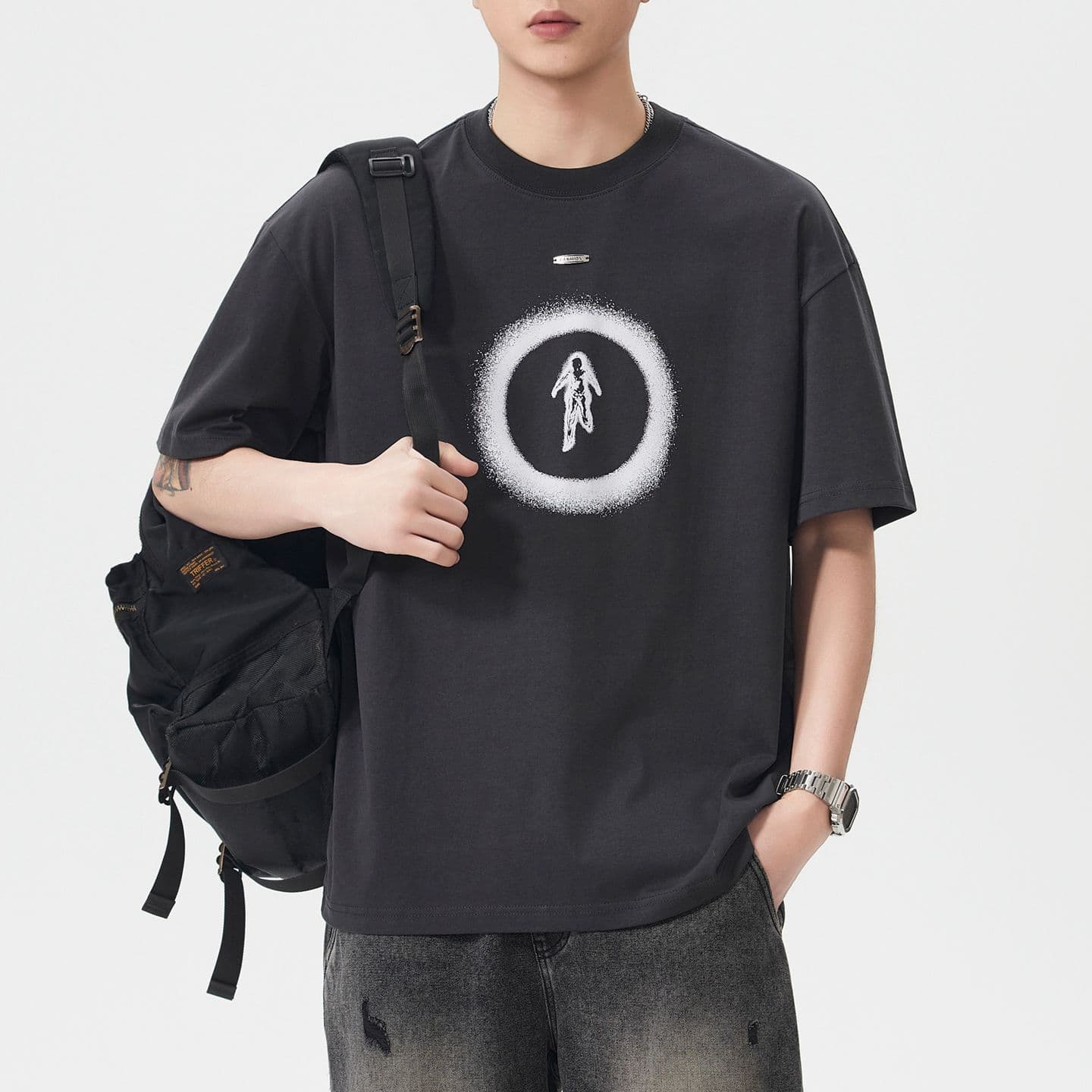 실사 여름 조수 브랜드 일본식 무거운 순면 반팔 티셔츠 남자 루즈핏 라운드 넥 캐주얼 반소매 미니멀리즘 맨위 이미지 3