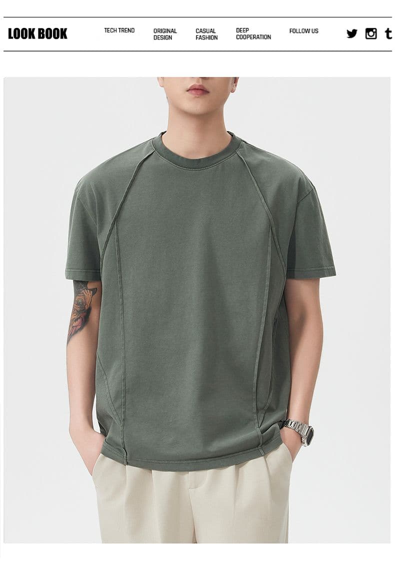 실사 아메리칸 레트로 조수 브랜드 순면 무거운 워싱 반팔 티셔츠 남자 여름 루즈핏 라운드 넥 구조 설계 섹션 상세 이미지 1