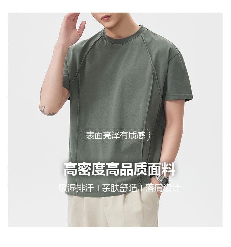 실사 아메리칸 레트로 조수 브랜드 순면 무거운 워싱 반팔 티셔츠 남자 여름 루즈핏 라운드 넥 구조 설계 섹션 상세 이미지 4