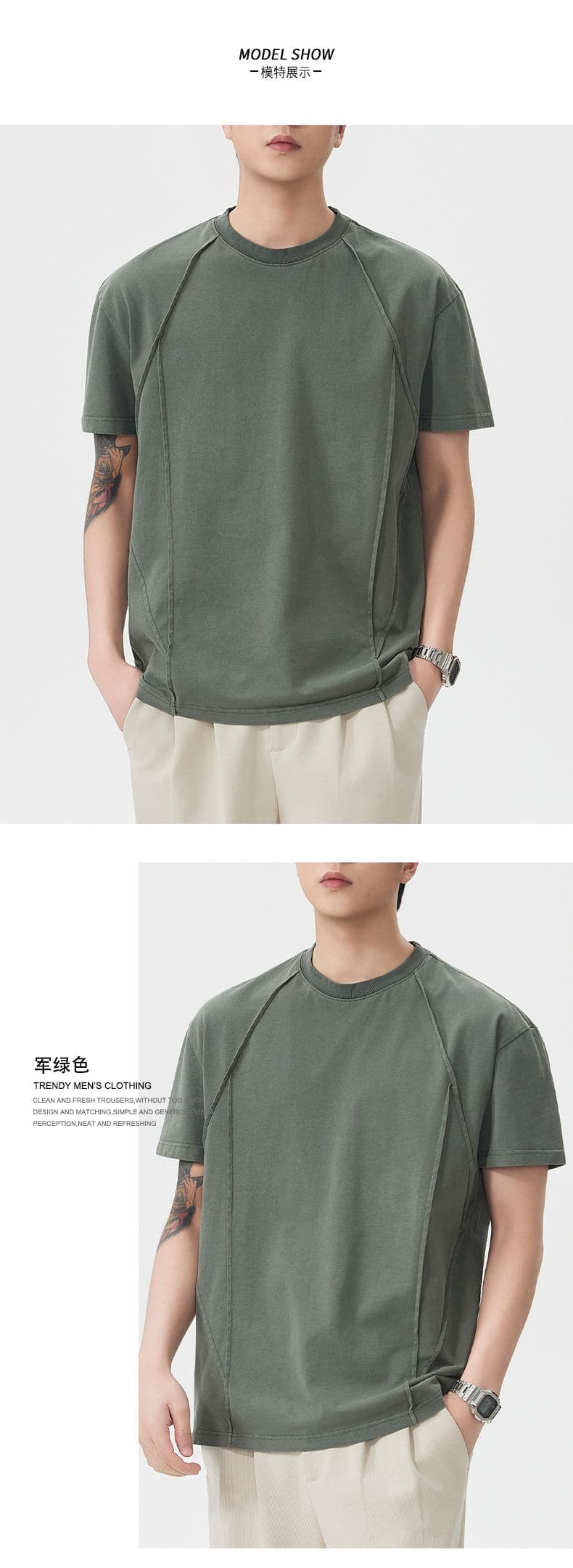 실사 아메리칸 레트로 조수 브랜드 순면 무거운 워싱 반팔 티셔츠 남자 여름 루즈핏 라운드 넥 구조 설계 섹션 상세 이미지 6