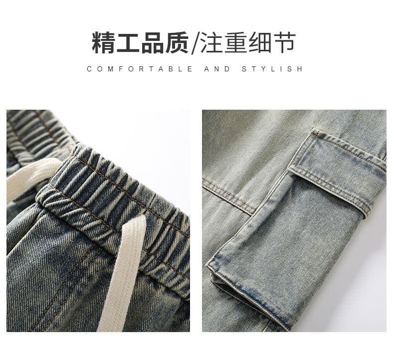 실사 새로운 워크웨어 청바지 남자 3 차원 빅 포켓 허리밴드 참나무 늑골 루즈핏 스트레이트 와이드 레그 팬츠 상세 이미지 2