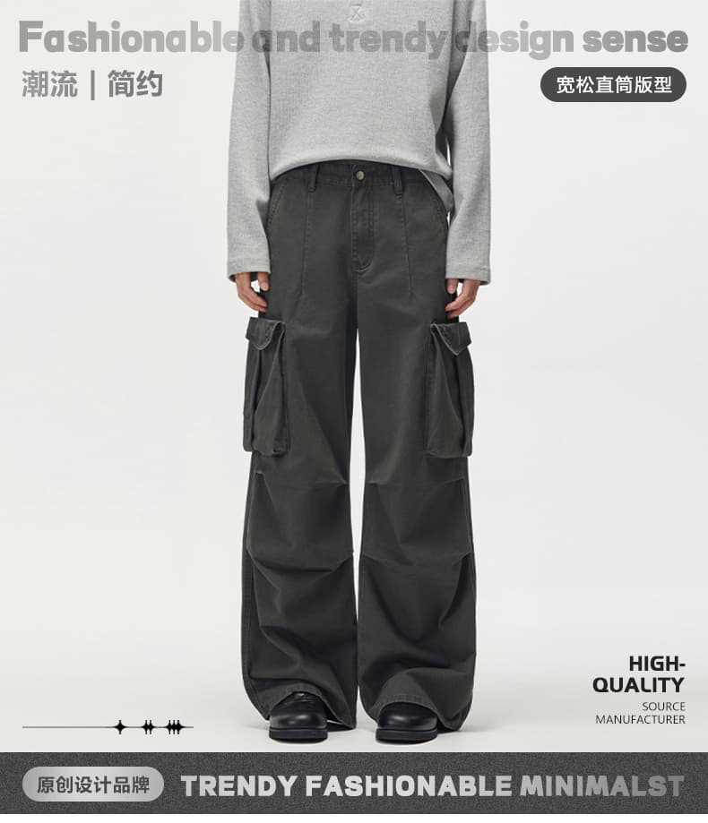 실사 가을 겨울 새로운 아메리칸 레트로 주름 디자인 섹션 워크웨어 팬츠 남녀 높음 거리 vibe 넓은 다리 캐주얼 바지 상세 이미지 1