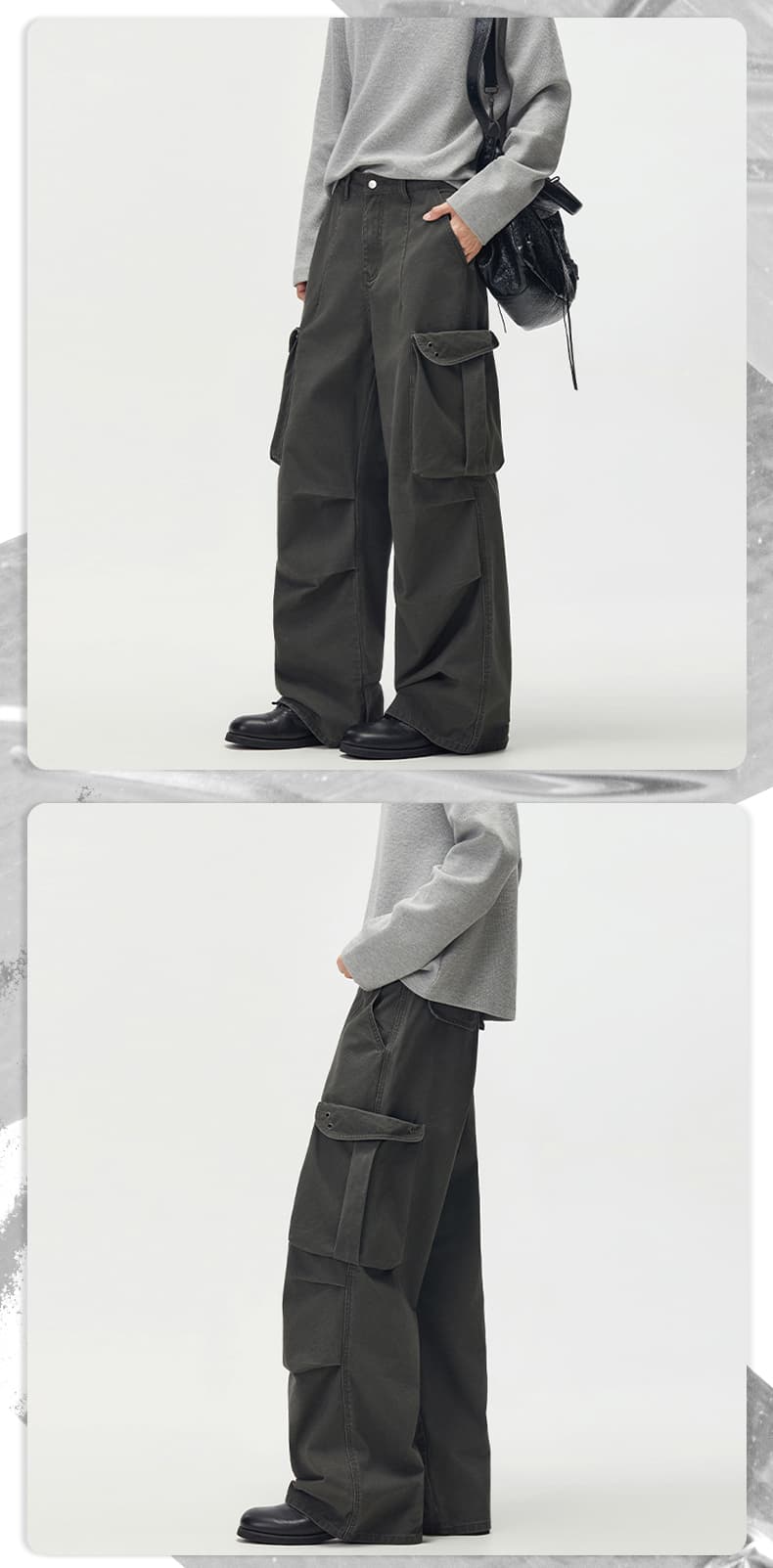 실사 가을 겨울 새로운 아메리칸 레트로 주름 디자인 섹션 워크웨어 팬츠 남녀 높음 거리 vibe 넓은 다리 캐주얼 바지 상세 이미지 9