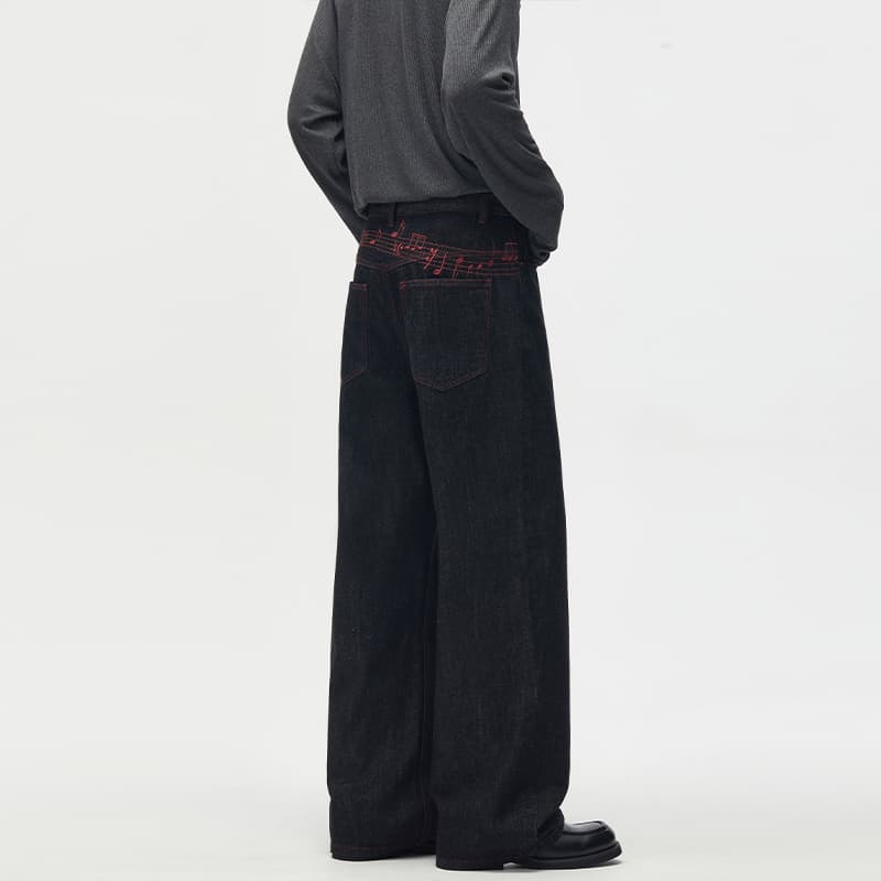 실사 2026 가을 겨울 디자인 센스 레드 라인 참고 자수 스트레이트 청바지 조수 브랜드 남녀 다용도 슬림해 보이는 긴 바지