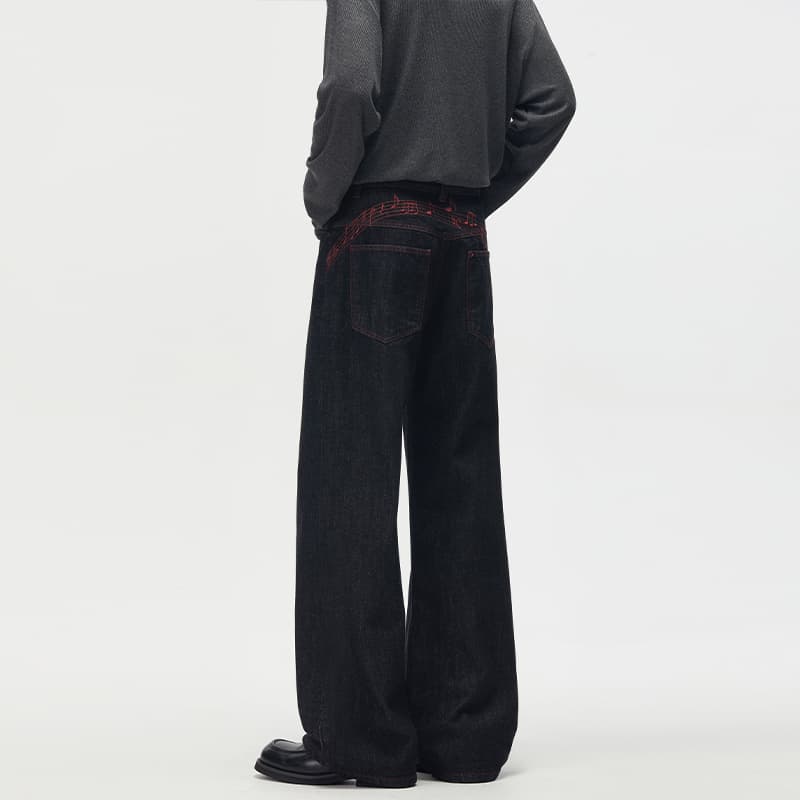 실사 2026 가을 겨울 디자인 센스 레드 라인 참고 자수 스트레이트 청바지 조수 브랜드 남녀 다용도 슬림해 보이는 긴 바지 이미지 4