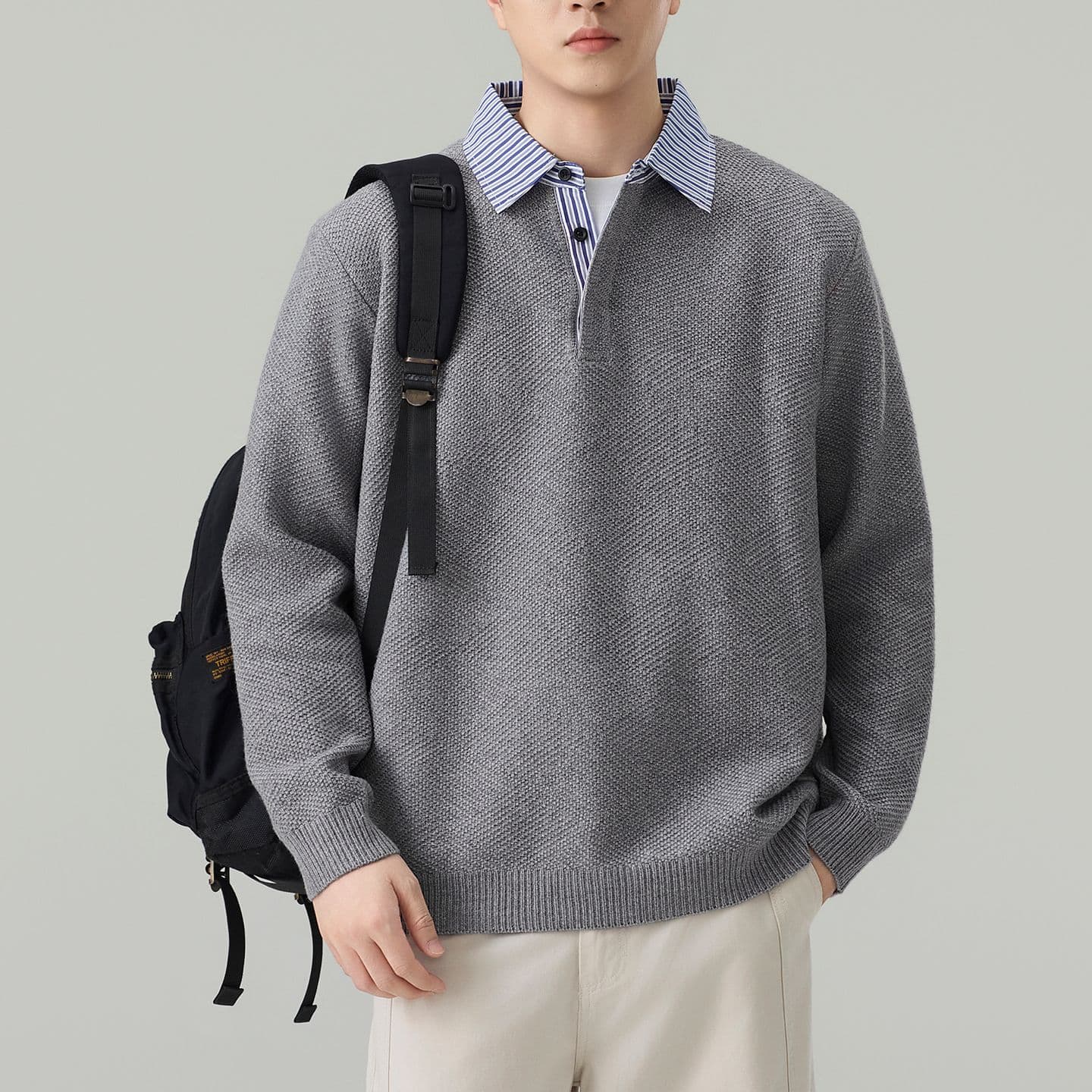 실사 2026 가을 겨울 새로운 페이크 레이어드 POLO 셔츠 스웨터 남녀 오래된 돈 바람 두꺼운 니트 스웨터 맨위