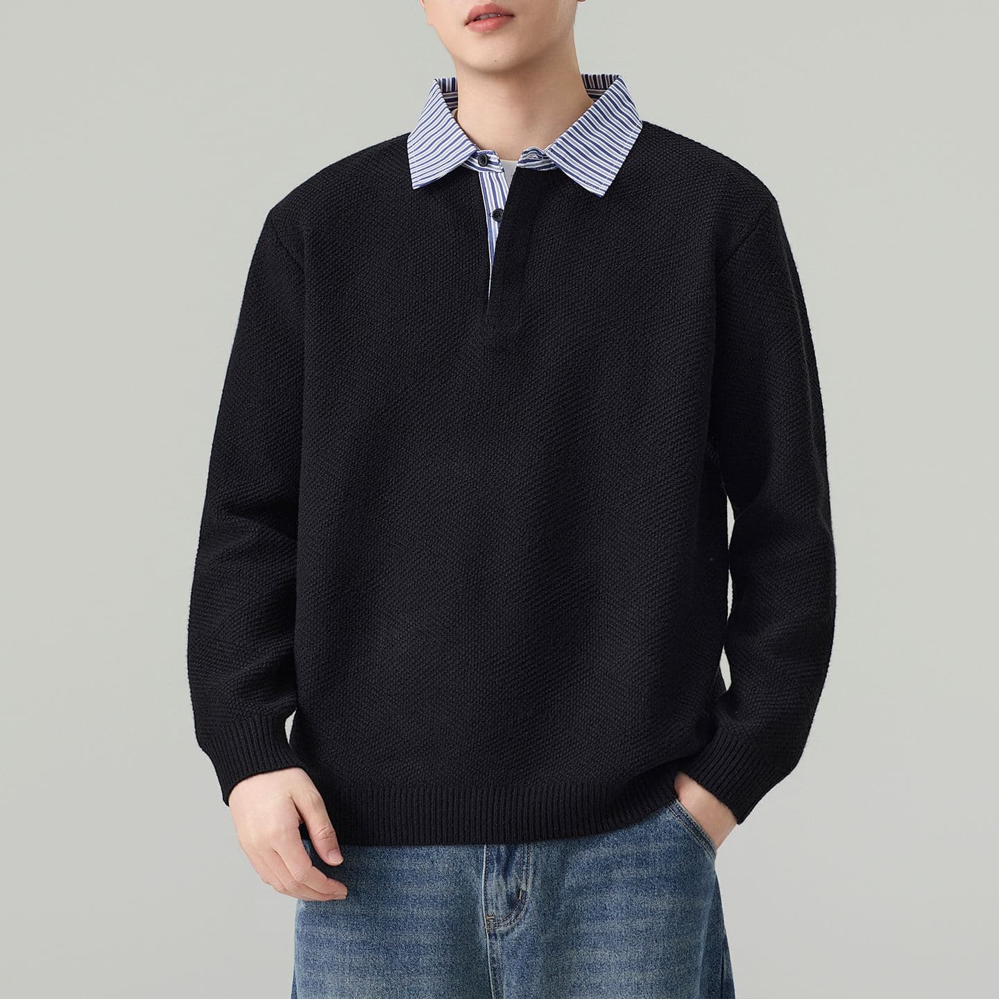 실사 2026 가을 겨울 새로운 페이크 레이어드 POLO 셔츠 스웨터 남녀 오래된 돈 바람 두꺼운 니트 스웨터 맨위 이미지 2