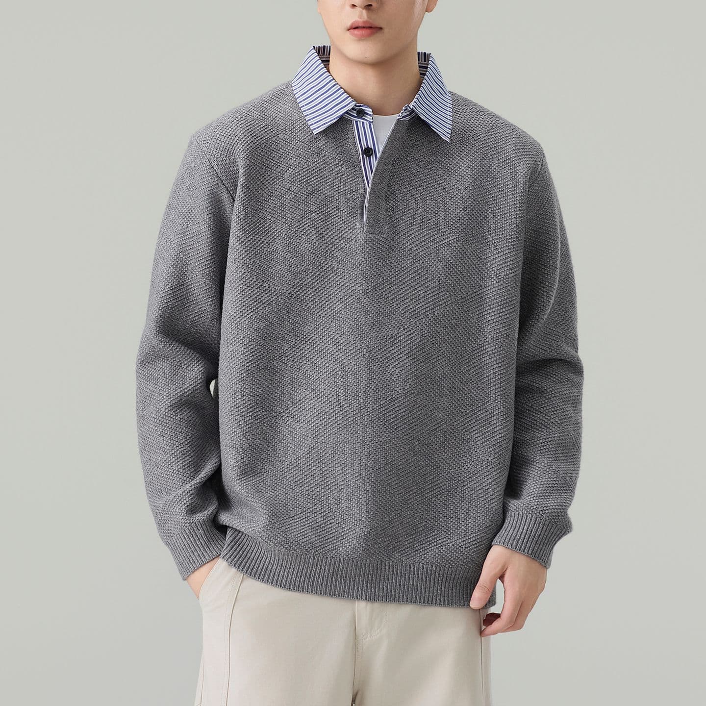 실사 2026 가을 겨울 새로운 페이크 레이어드 POLO 셔츠 스웨터 남녀 오래된 돈 바람 두꺼운 니트 스웨터 맨위 이미지 3