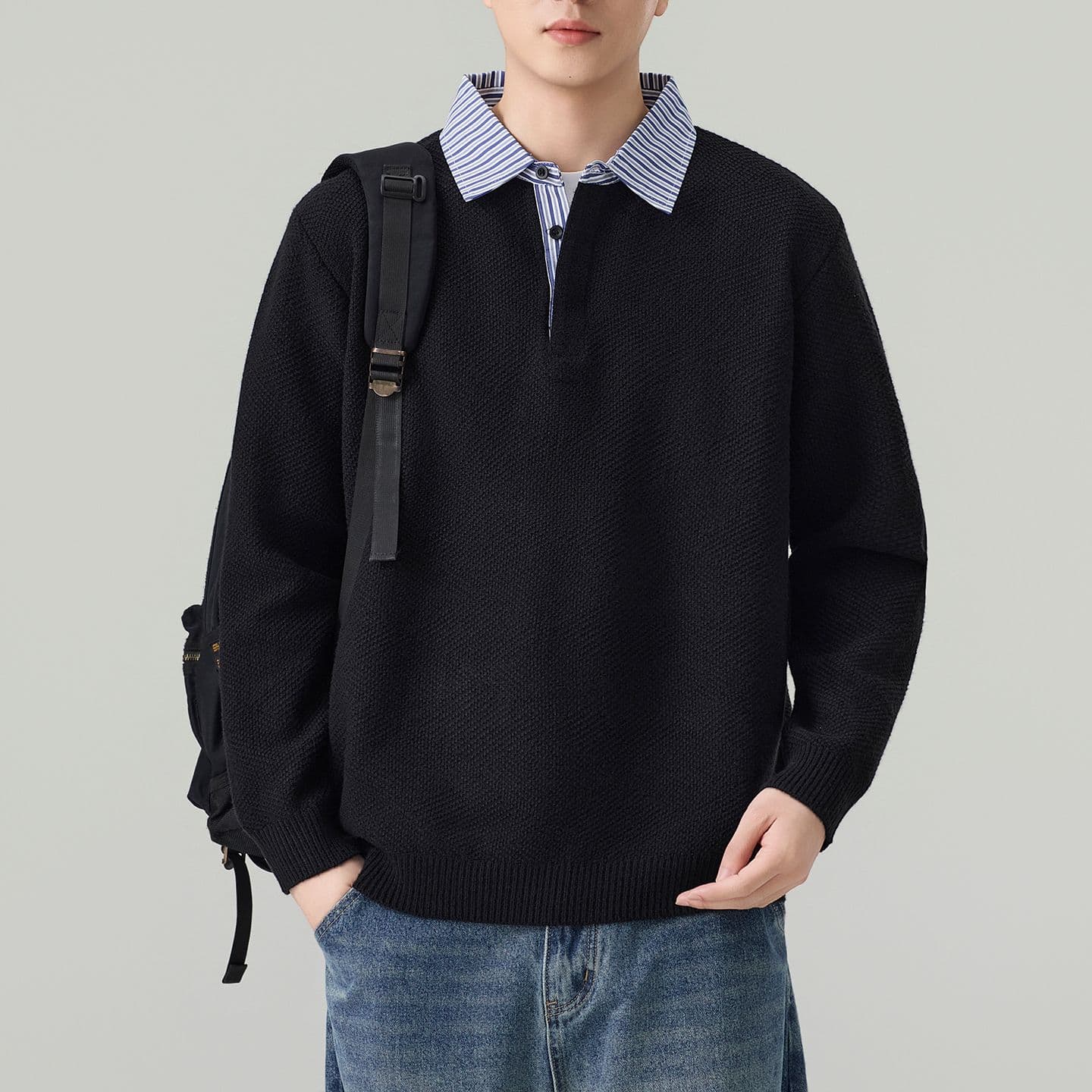 실사 2026 가을 겨울 새로운 페이크 레이어드 POLO 셔츠 스웨터 남녀 오래된 돈 바람 두꺼운 니트 스웨터 맨위 이미지 4